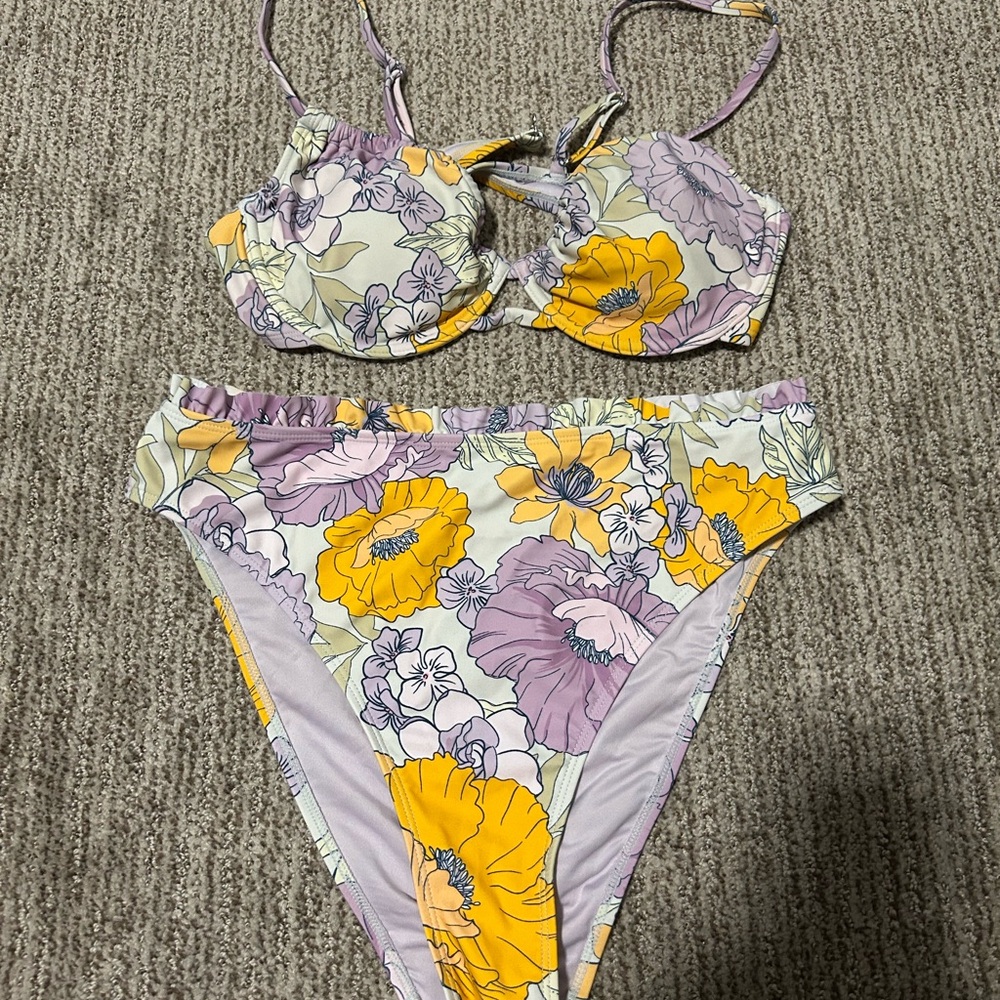 Cupshe Yellow & Lavender Floral Underwire Bikini Set with High Cut Bottoms